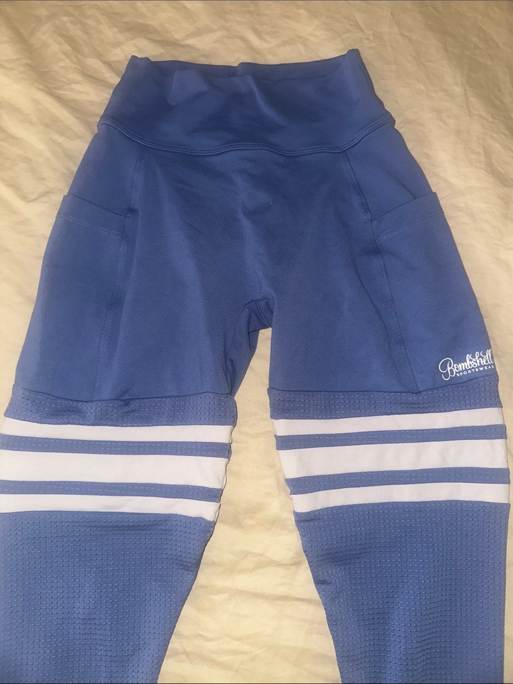 Bombshell Sportswear Blue Leggings with White Stripes